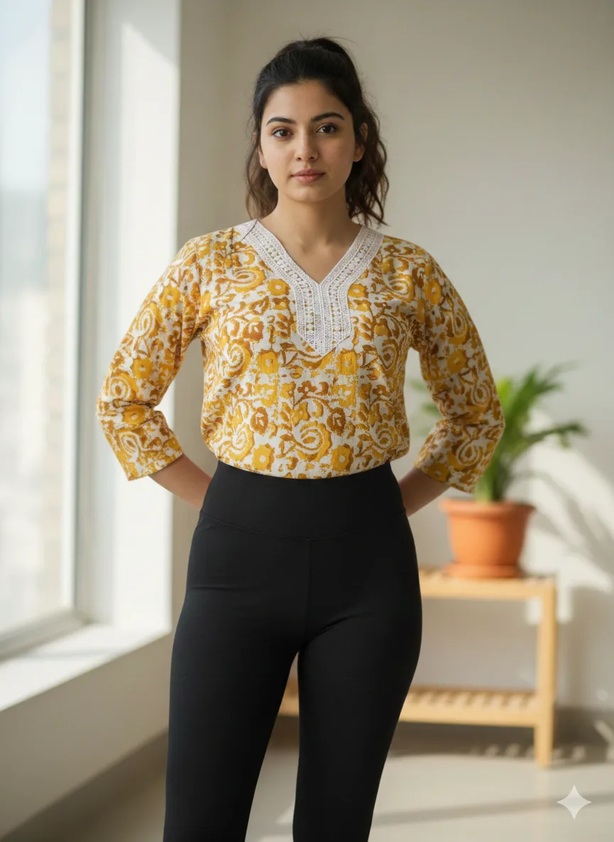 Yellow Floral-Printed Short Kurta for Women with White Lace V-Neck Detailing